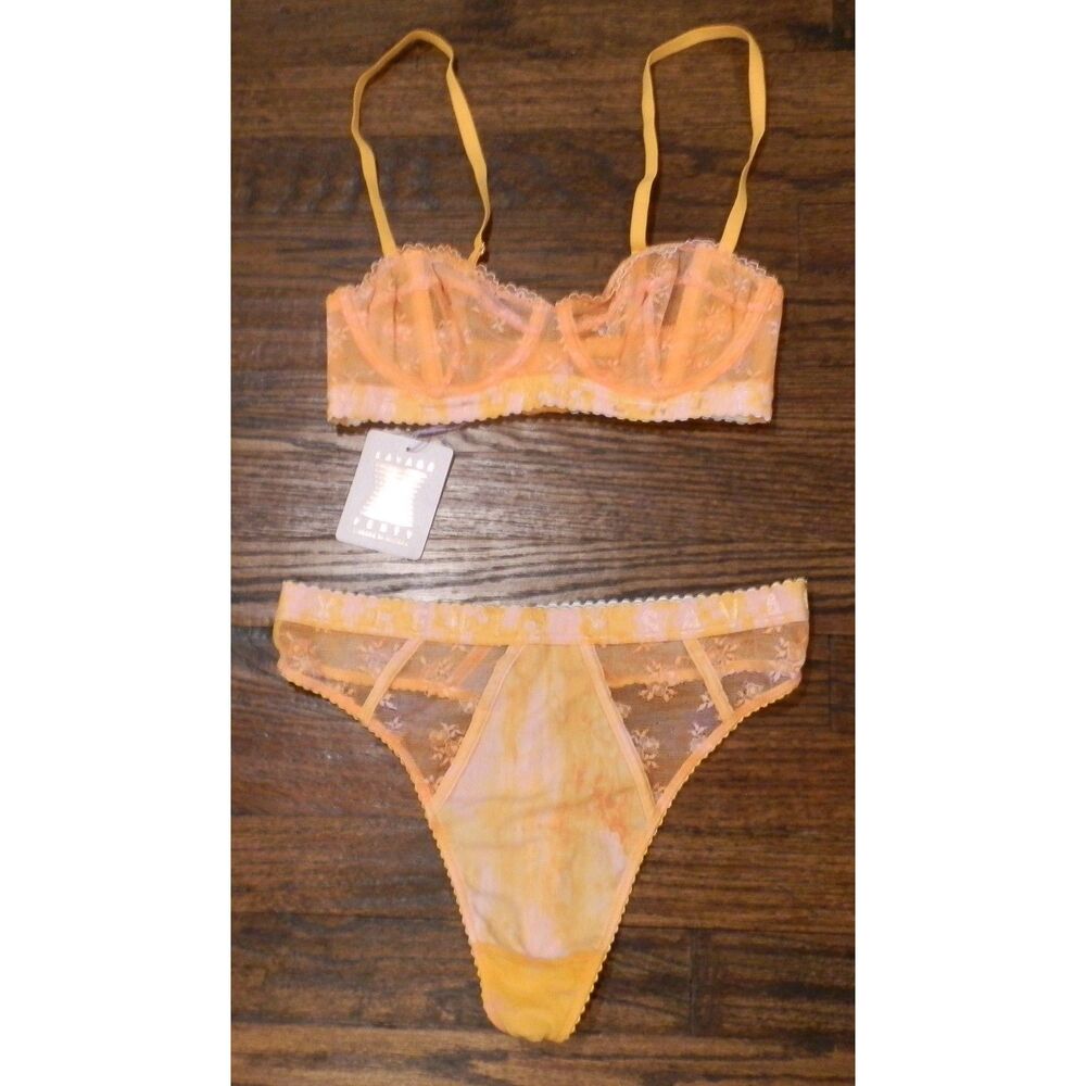 Savage X Fenty Orange Lace Bra Panties Set Women's Size 32B Medium NWT